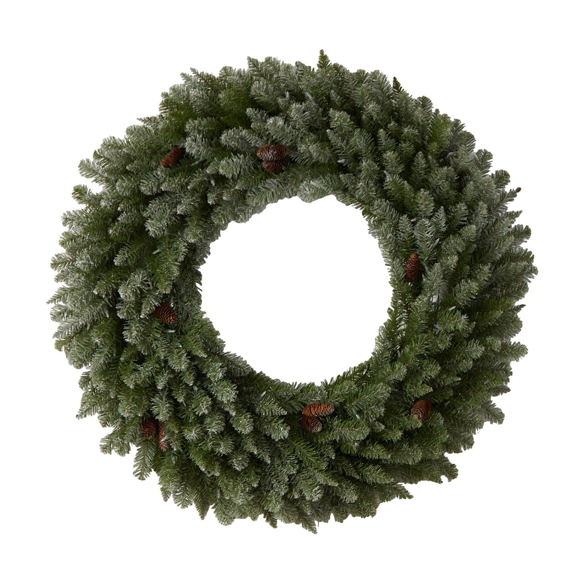 4’ Large Flocked Christmas Wreath with Pinecones, 150 Clear LED Lights and 330 Bendable Branches