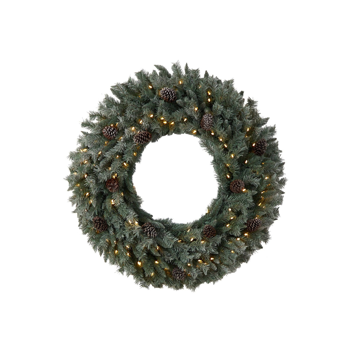 4’ Large Flocked Christmas Wreath with Pinecones, 150 Clear LED Lights and 360 Bendable Branches