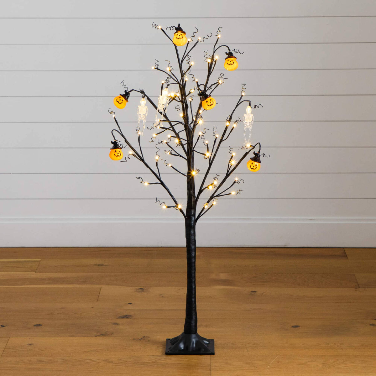 4' Pre-Lit Artificial Halloween Pumpkins and Skulls Ornament Tree with 64 Warm White LED Lights