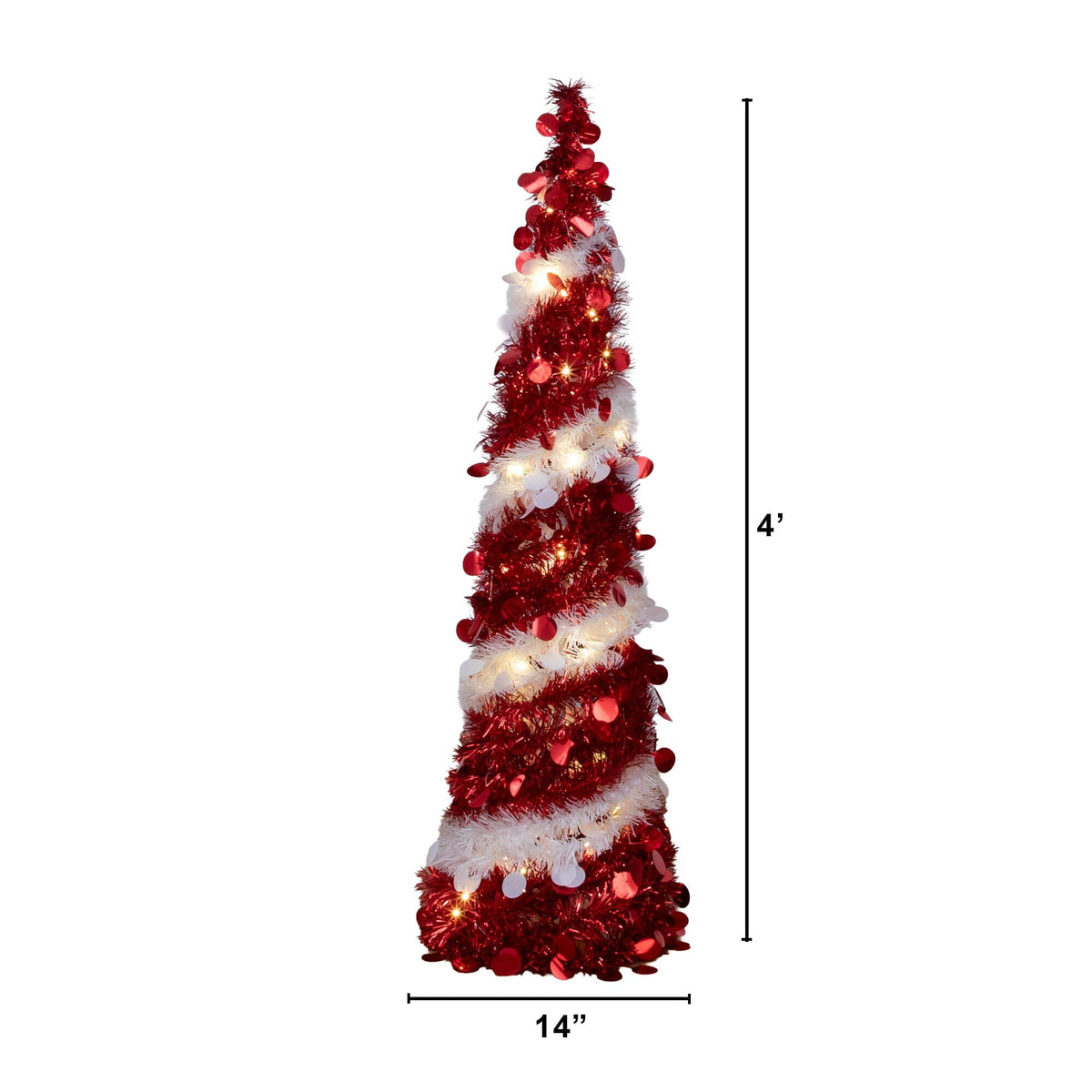 4' Pre-Lit Pop up Red & White Tinsel Christmas Tree with 50 LED Lights