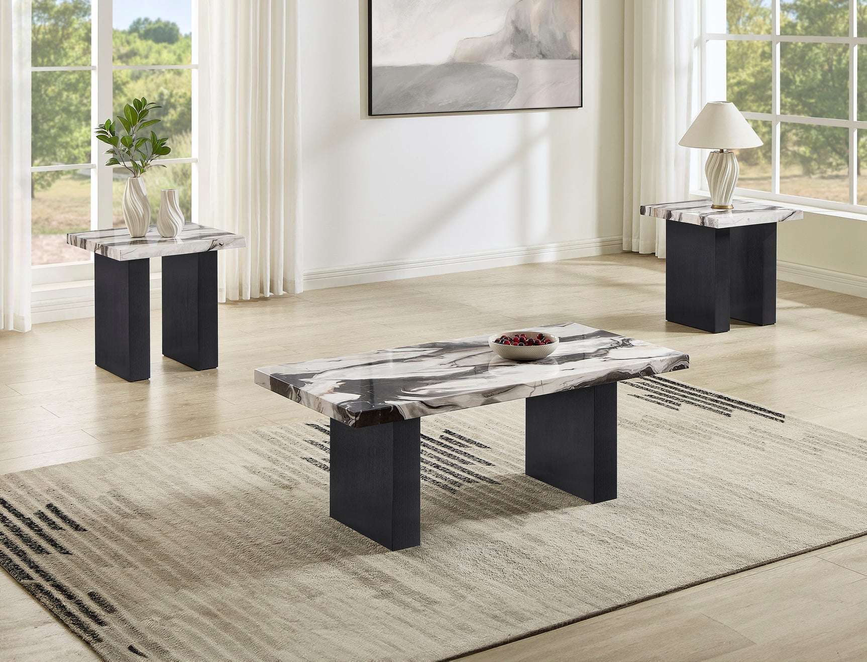 Vega Black/White Faux Marble Top 3-Piece Cocktail Table Set