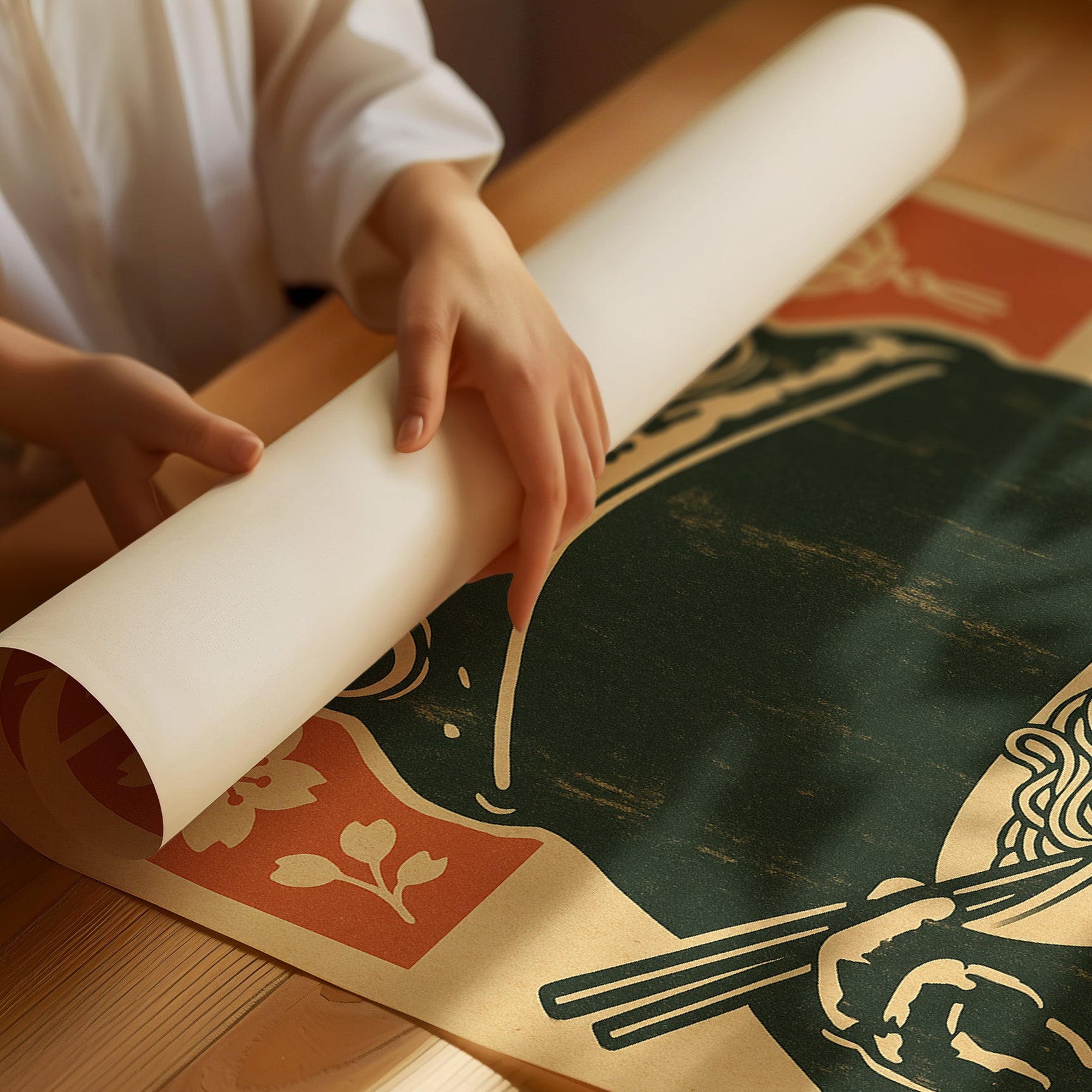 Ramen Frog in Retro Woodblock Style