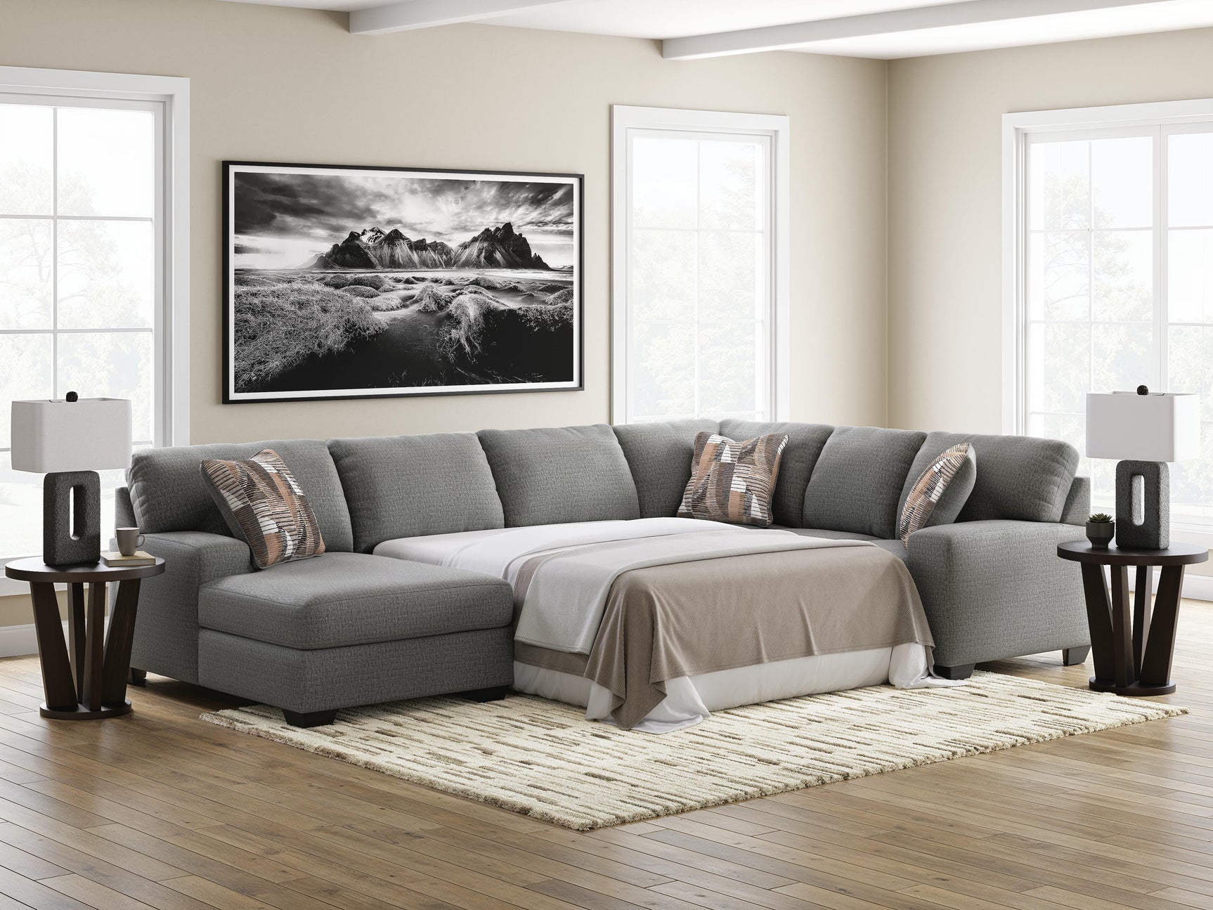 Newellen Greystone 3-Piece Sleeper Sectional with Left-Arm Facing Chaise