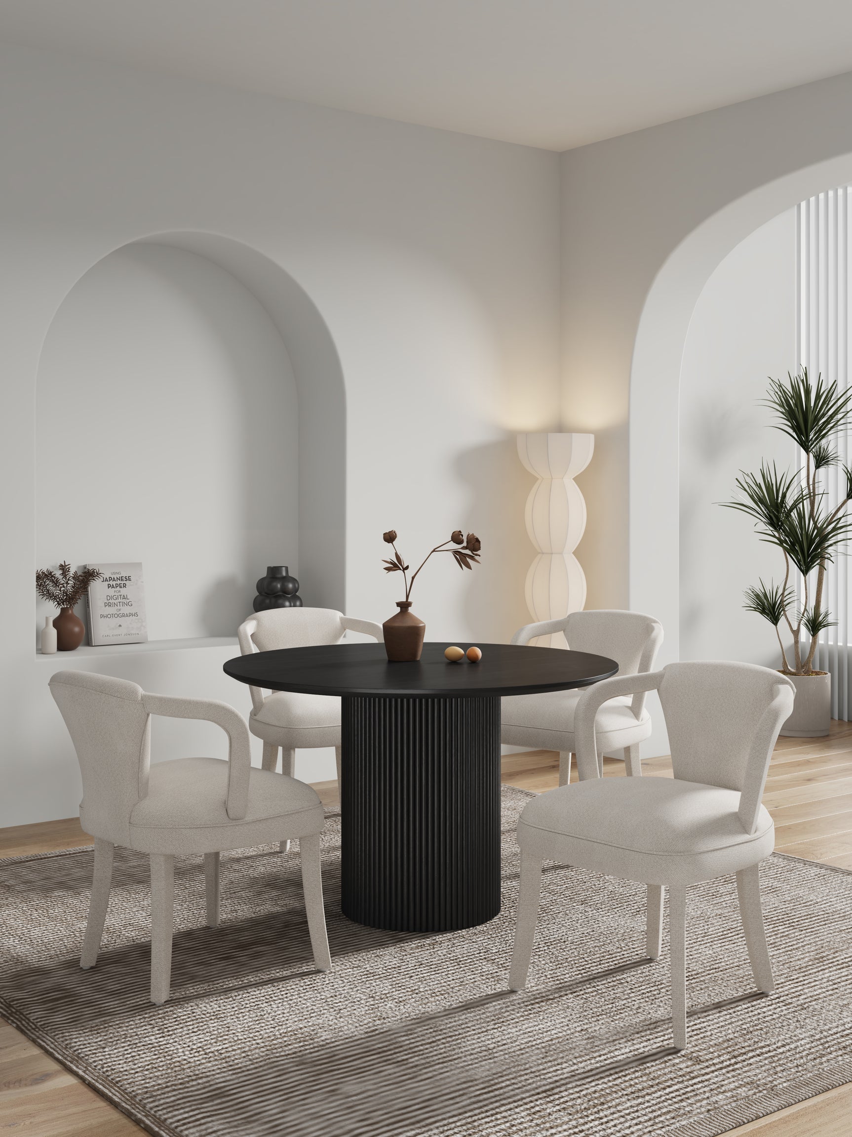 5-Piece Hathaway 47.24 Round Dining Set in Black with 4 Palmer Dining Armchairs in Ivory - Ornate Home