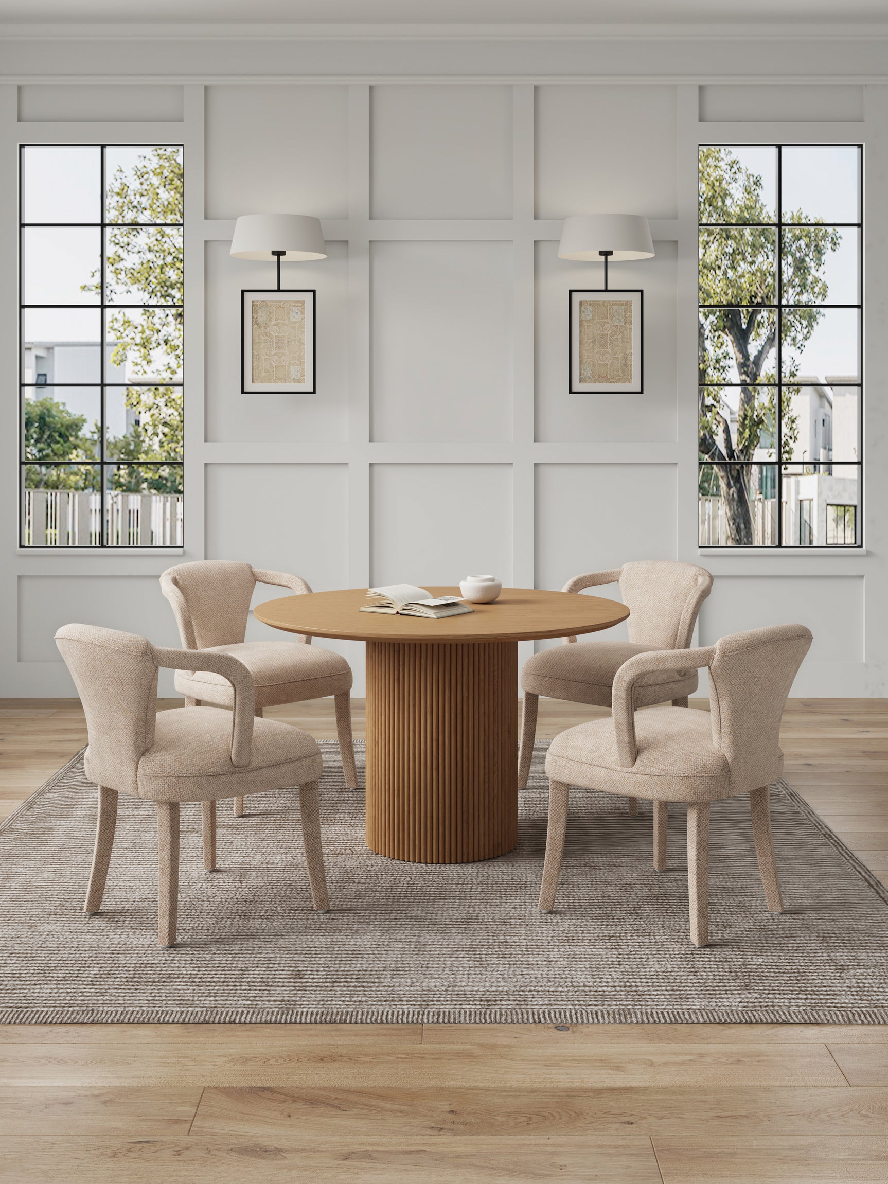 5-Piece Hathaway 47.24 Round Dining Set in Natural with 4 Palmer Dining Armchairs in Gold Dust - Ornate Home
