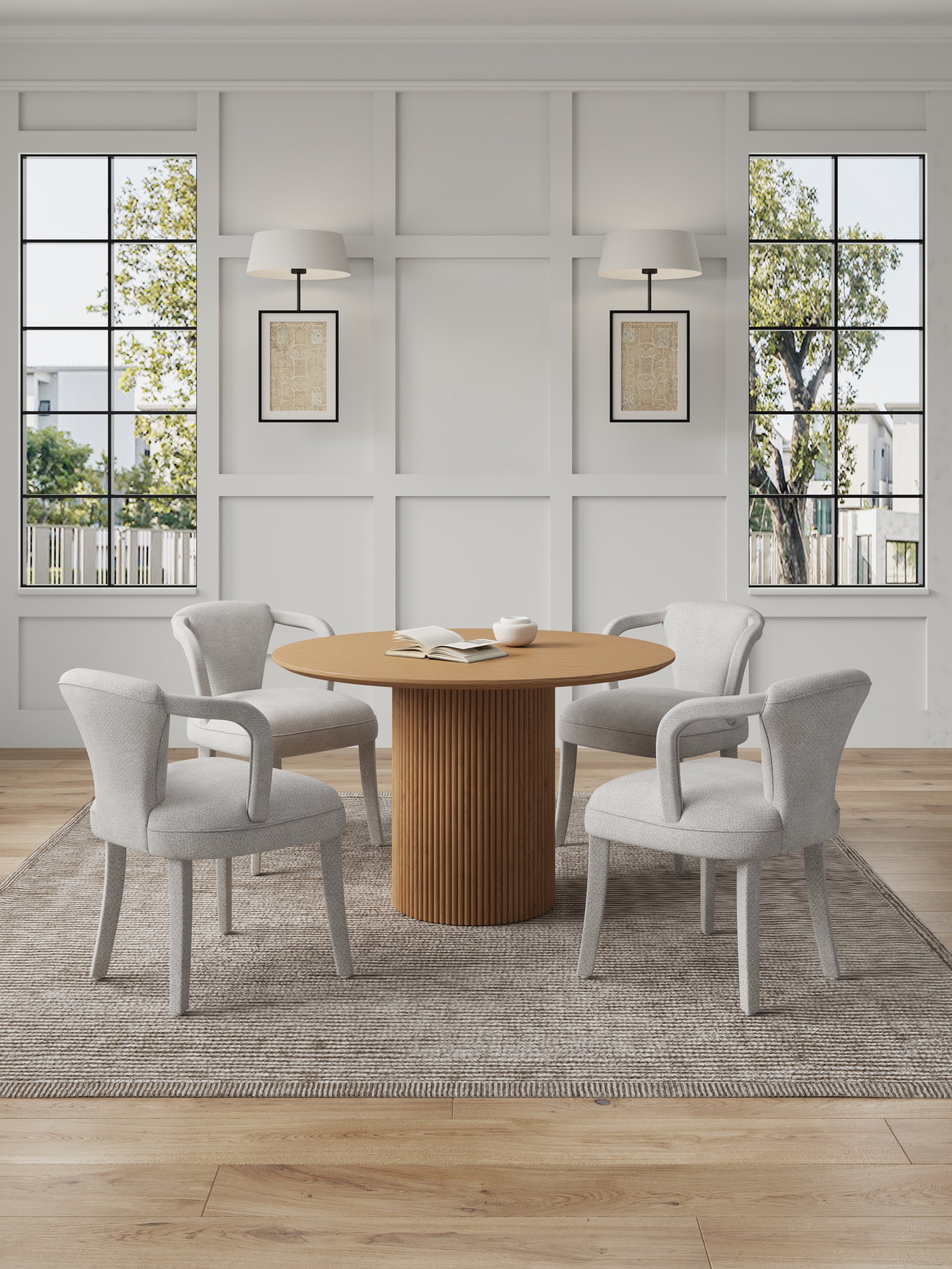 5-Piece Hathaway 47.24 Round Dining Set in Natural with 4 Palmer Dining Armchairs in Silver Lining - Ornate Home