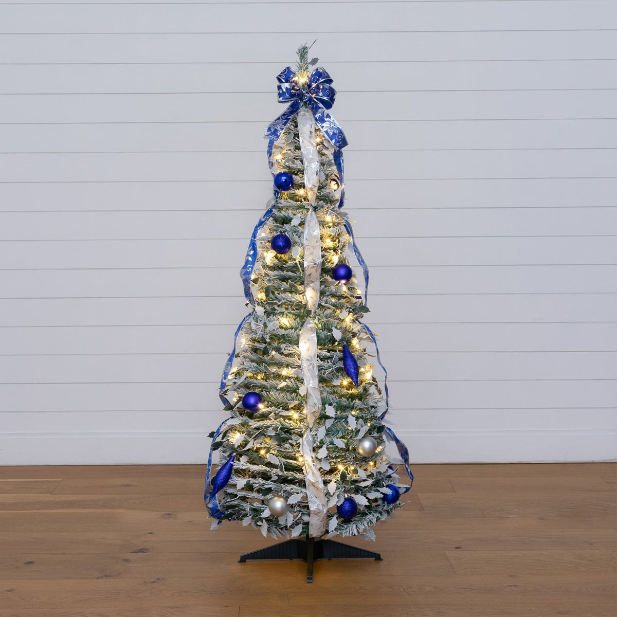 5' Pre-Lit Artificial Pop Up Flocked Christmas Tree with Silver & Blue Ornaments, Ribbons and 100 Warm White LED Lights