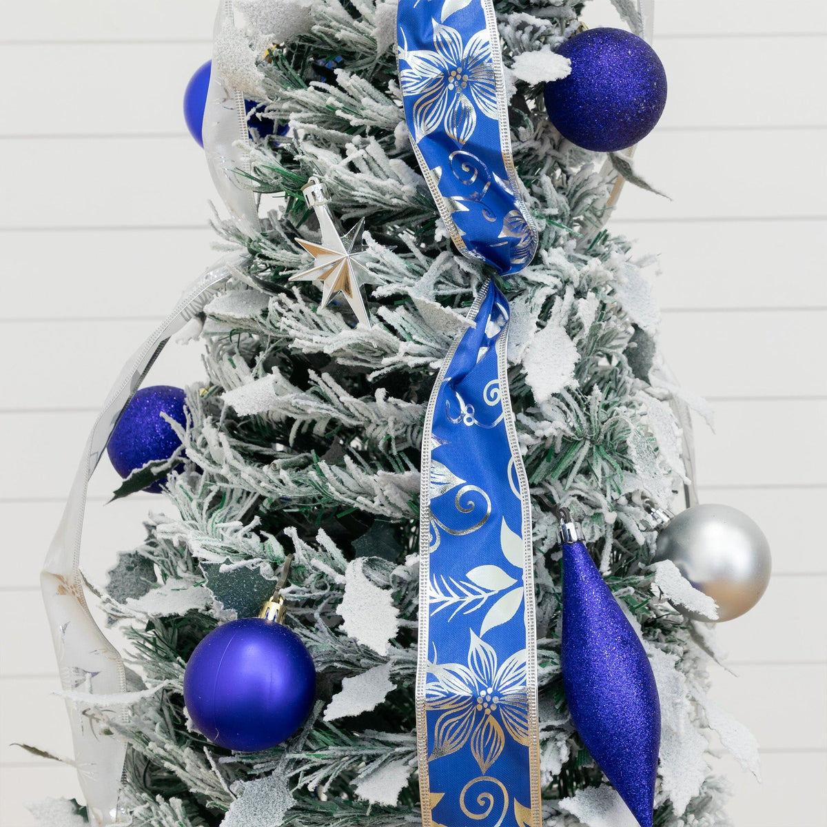 5' Pre-Lit Artificial Pop Up Flocked Christmas Tree with Silver & Blue Ornaments, Ribbons and 100 Warm White LED Lights