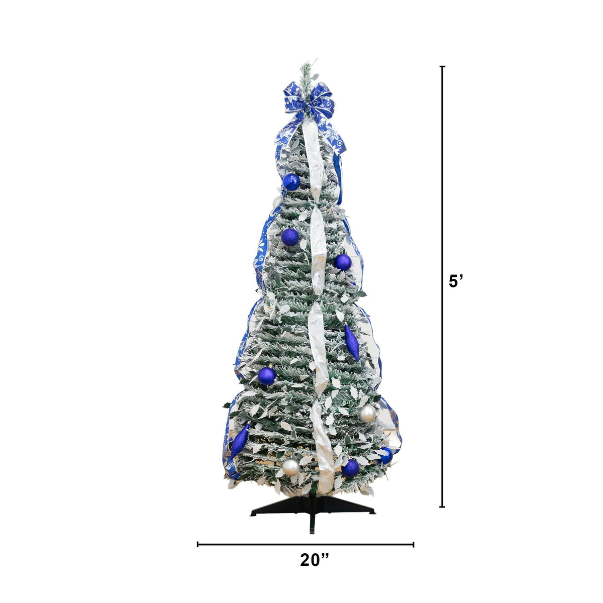 5' Pre-Lit Artificial Pop Up Flocked Christmas Tree with Silver & Blue Ornaments, Ribbons and 100 Warm White LED Lights