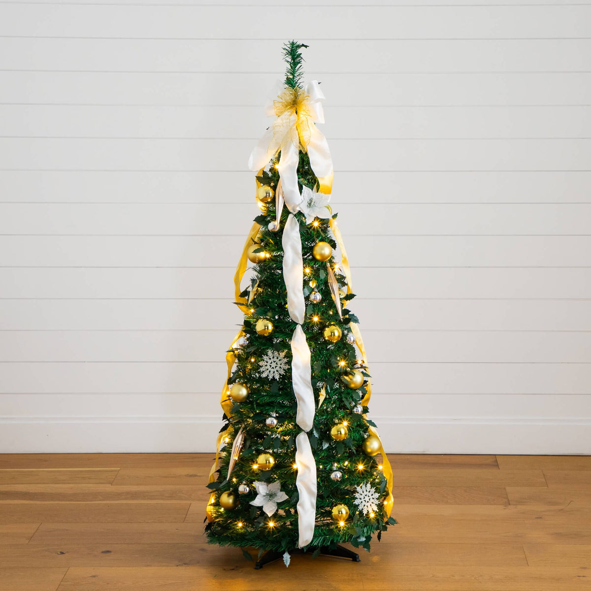 5' Pre-Lit Artificial Pop up Christmas Tree with Gold & Silver Ornaments, Ribbons and 100 Warm White LED Lights