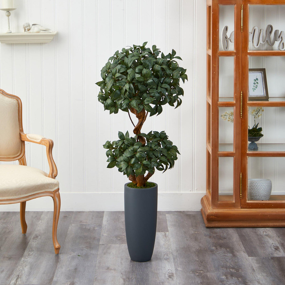 51” Sweet Bay Double Ball Topiary Artificial Tree in Gray Planter