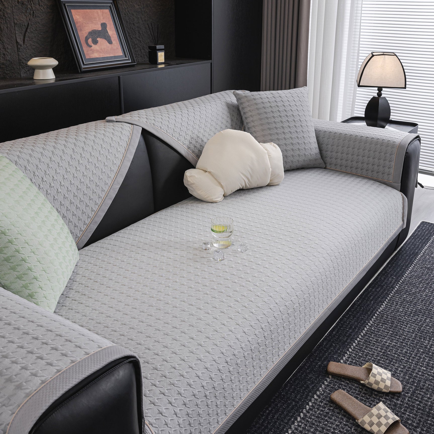 Houndstooth Ice Silk Breathable Sofa Cover, Modern Non-Slip Summer Couch Protector