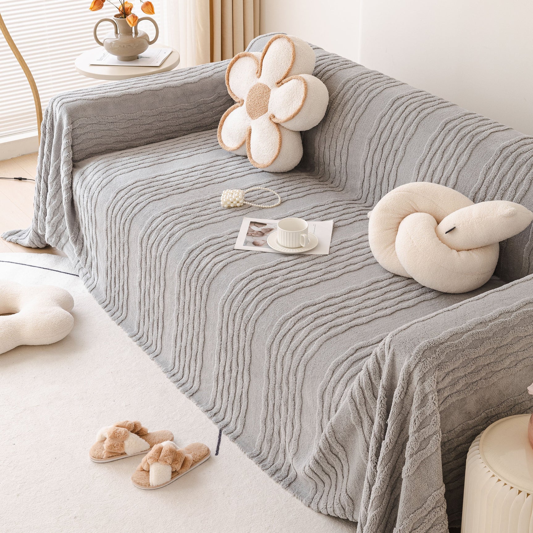 Modern 3D Water Ripple Sofa Cover, Non-Shedding Cream Style Furniture Protector Throw