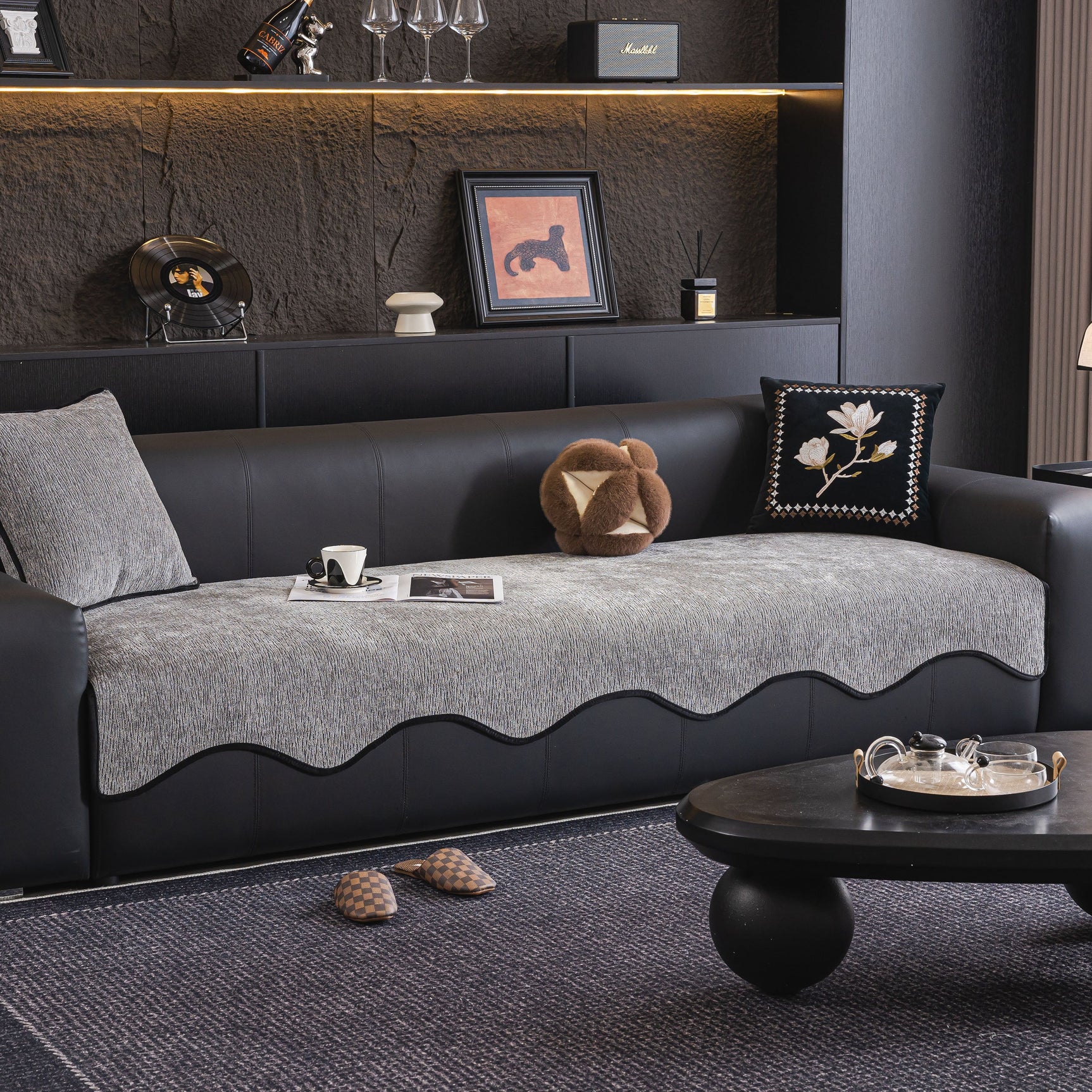 Chenille Couch Cover with Scalloped Edge, Non-Slip Modular Slipcover Sectional