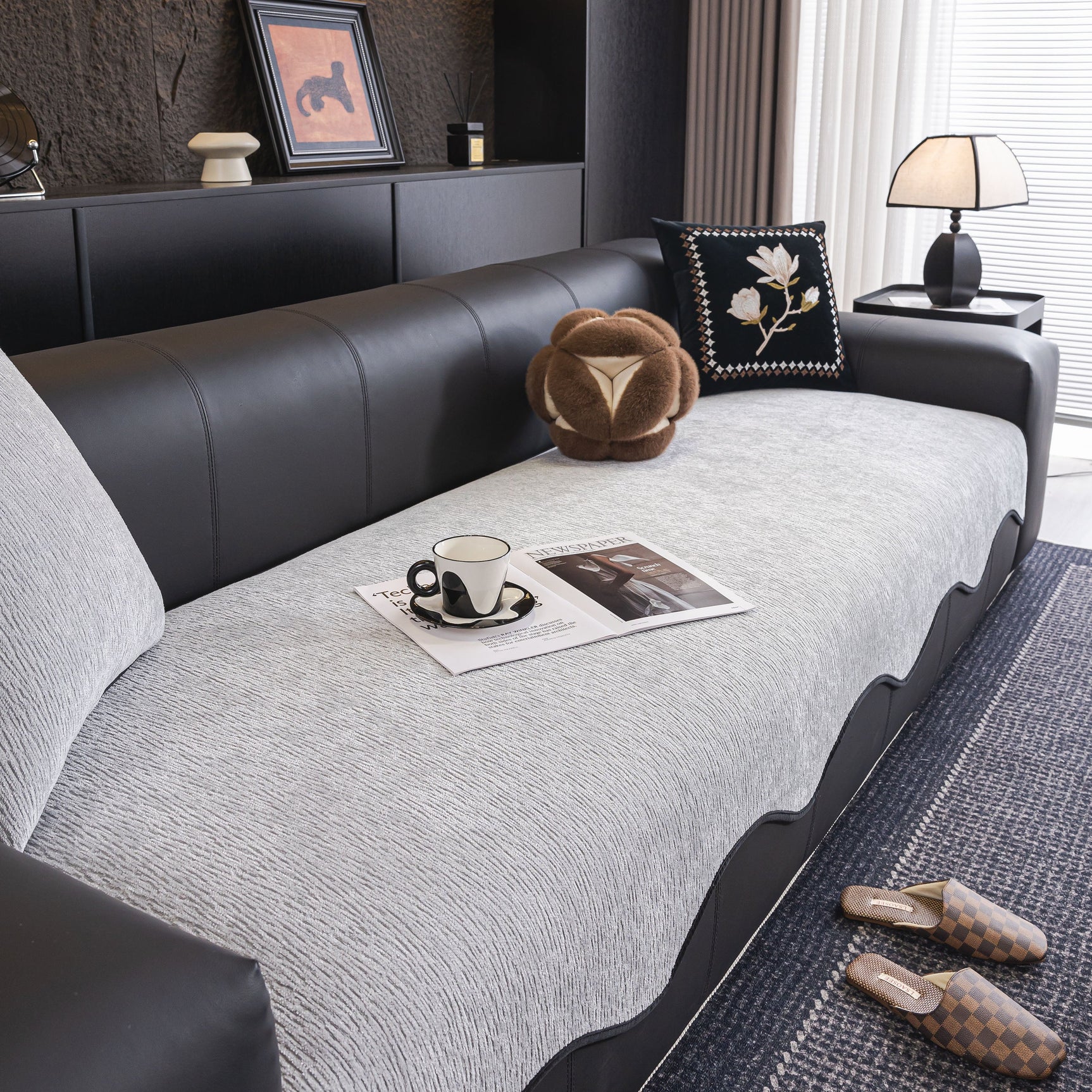 Chenille Couch Cover with Scalloped Edge, Non-Slip Modular Slipcover Sectional