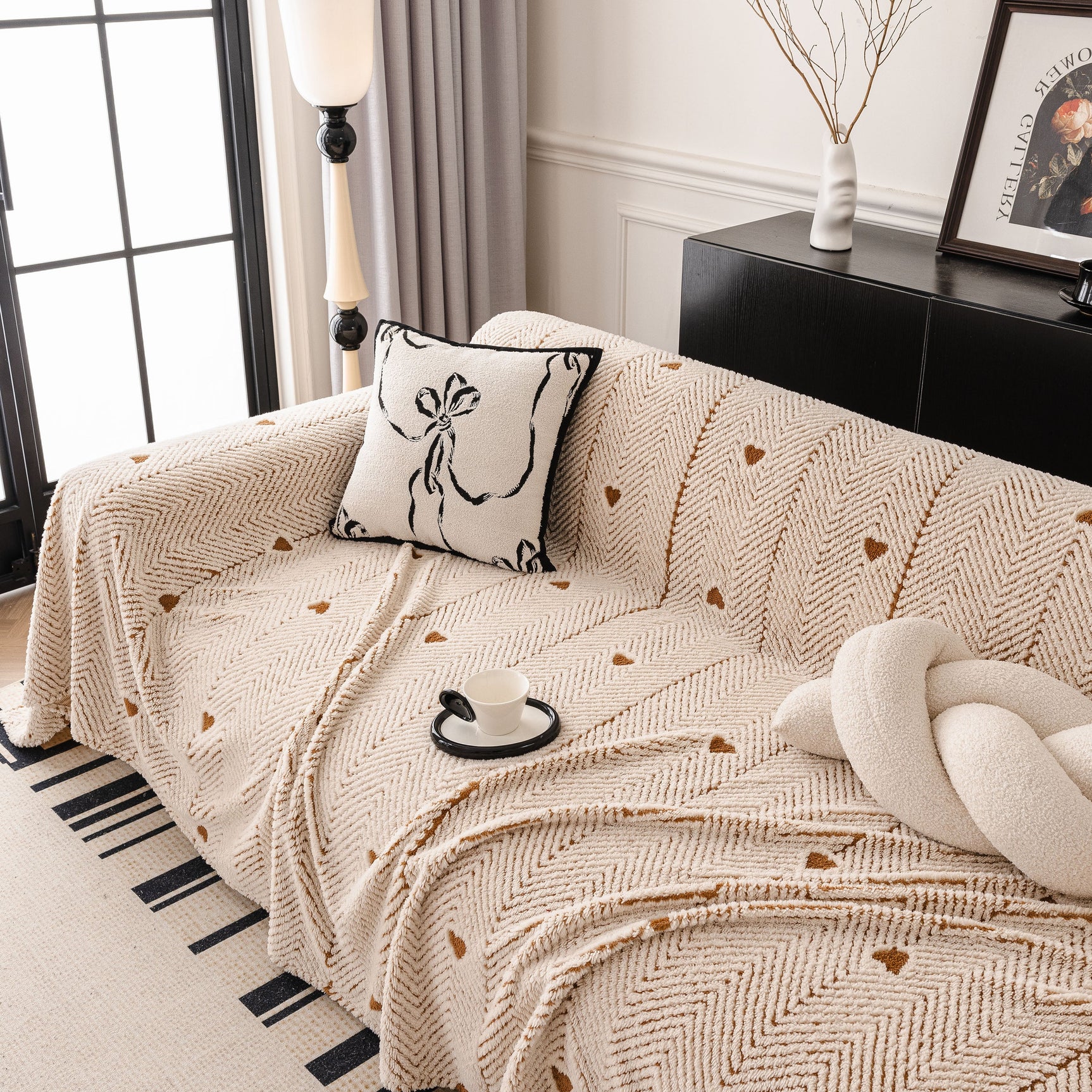 Thick Plush Sofa Cover Throw for Couch, 3D Textured Herringbone Washable Slipcover