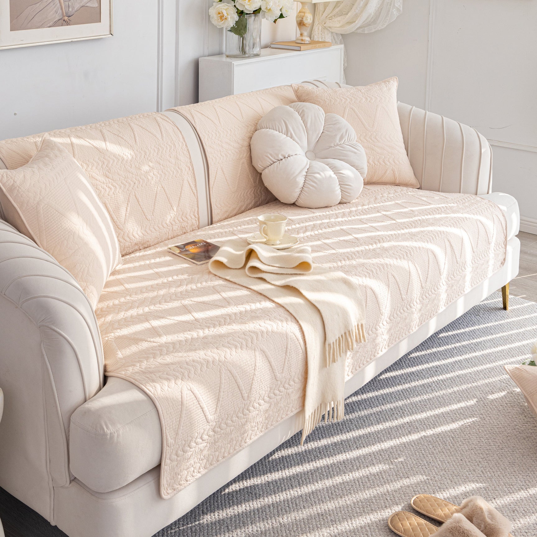 Geometric Textured Cotton Quilted Sofa Cover, Non-Slip Washable Couch Protector
