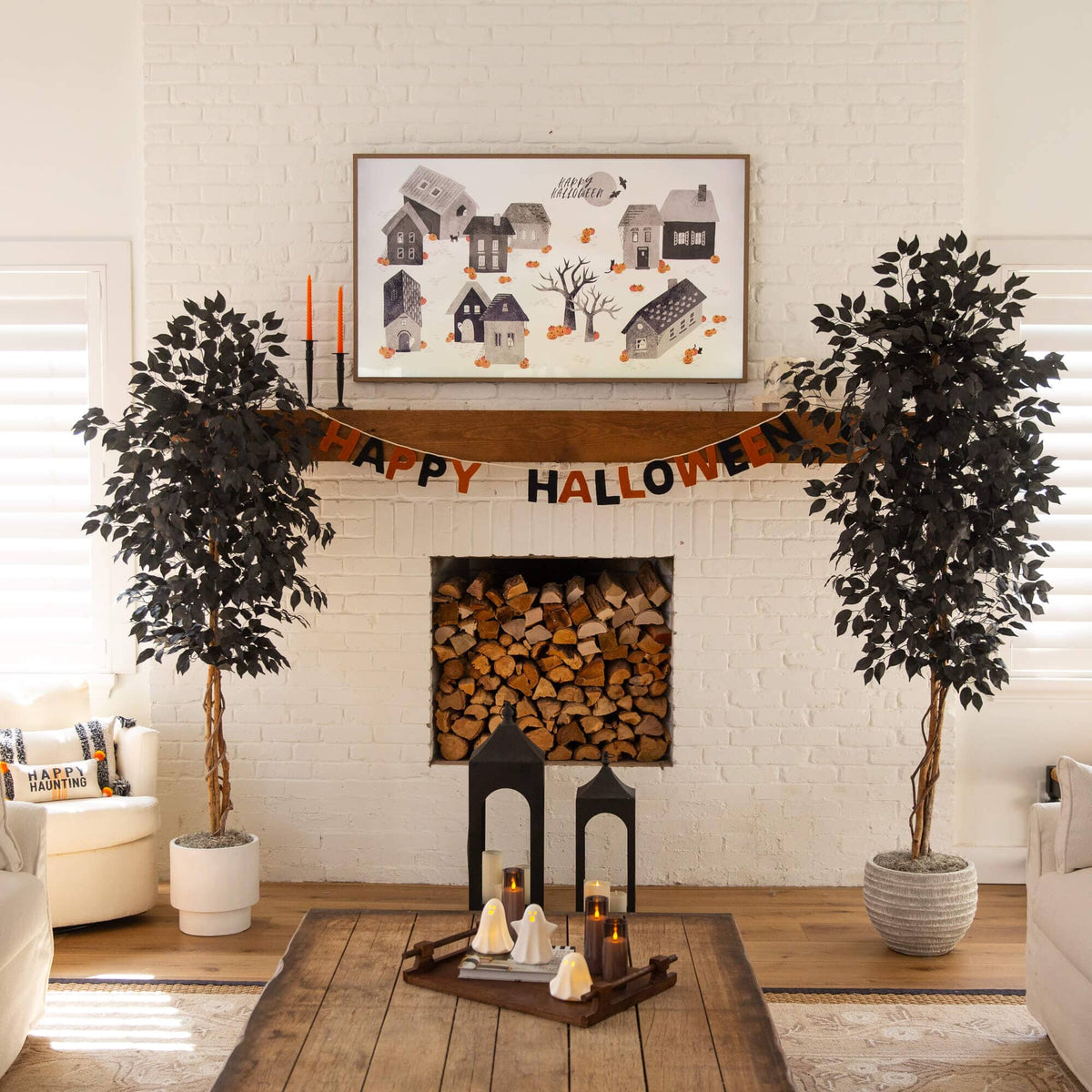 6' Artificial Halloween Black Ficus Tree with Natural Trunk