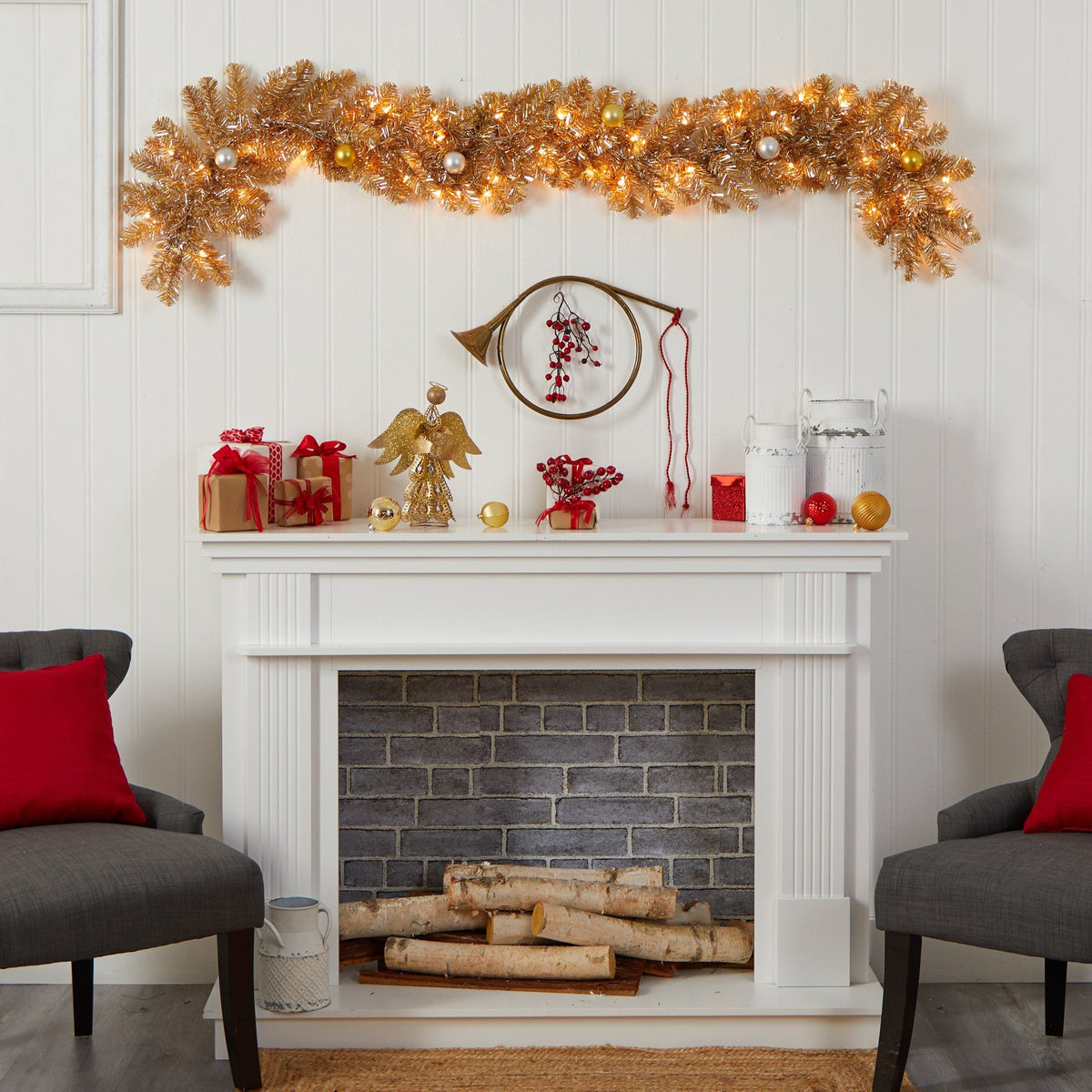 6' Holiday Christmas Golden Garland with Ornaments and 50 Warm White Lights
