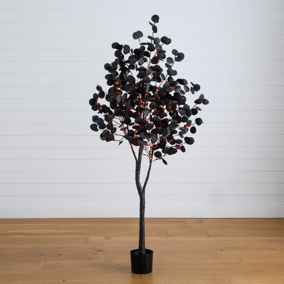 6' Pre-Lit Artificial Halloween Black Eucalyptus Tree with 300 Orange & Purple LED Lights