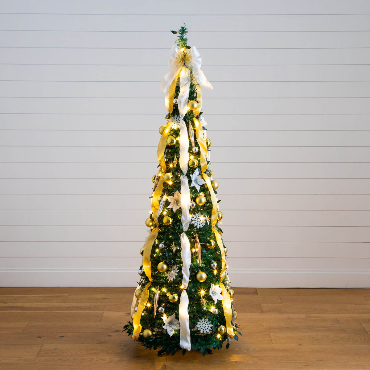 6' Pre-Lit Artificial Pop up Christmas Tree with Gold & Silver Ornaments, Ribbons and 150 Warm White LED Lights