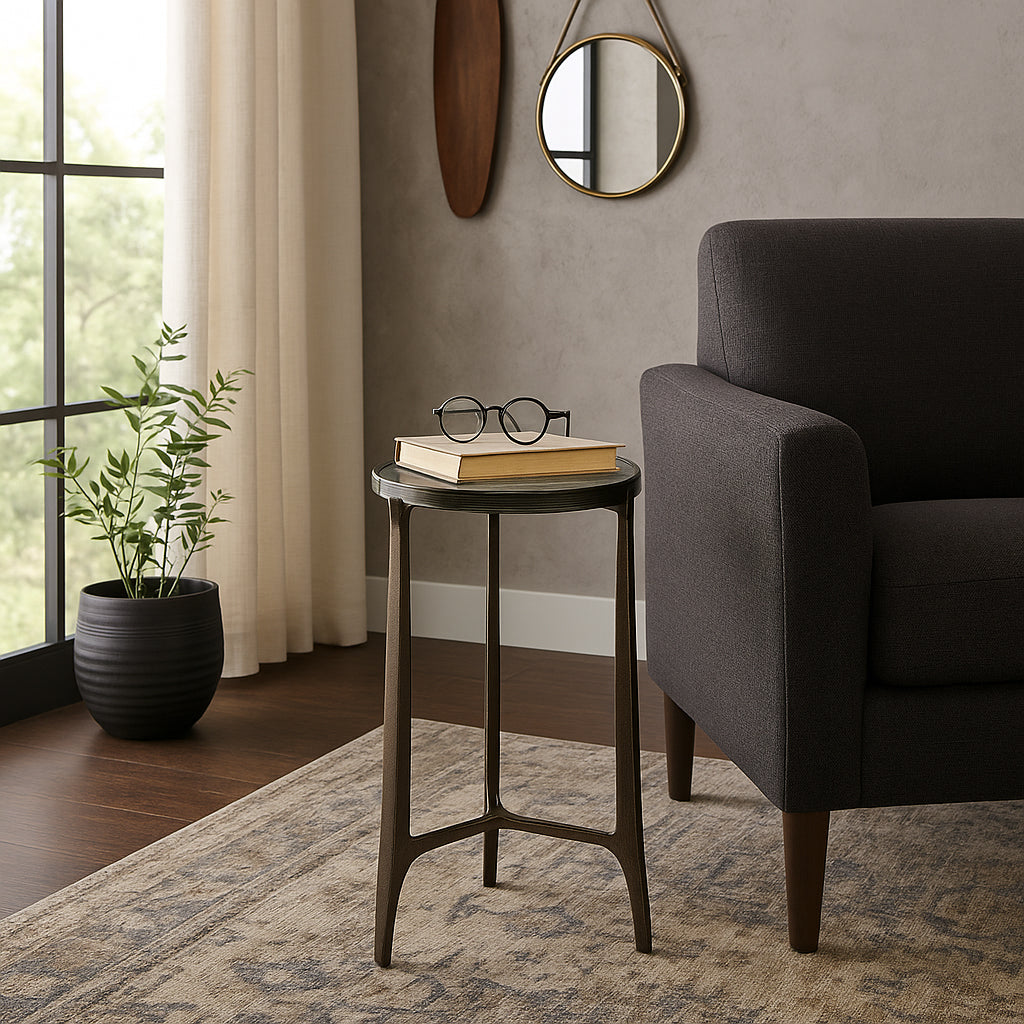 Keene Antique Bronze Thick Glass Top Round Accent Table