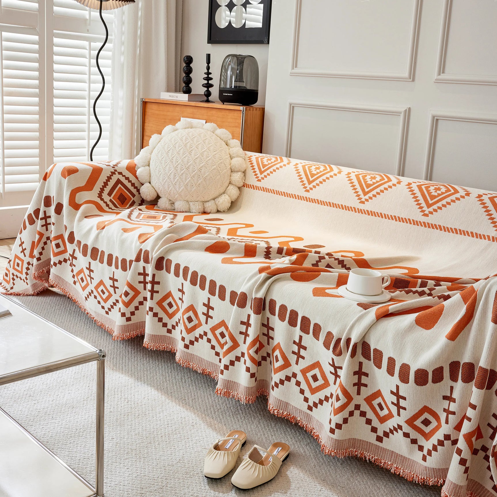 Boho Geometric Chenille Throw Sofa Cover Soft Textured Decorative Couch Blanket