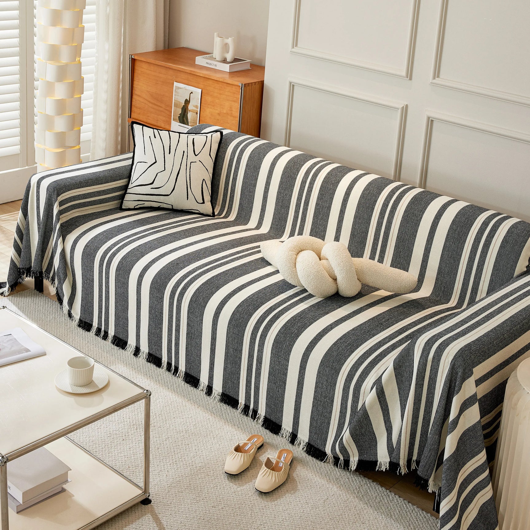 Striped Chenille Sofa Slipcover Throw, Soft Thick Washable Couch Cover Blanket