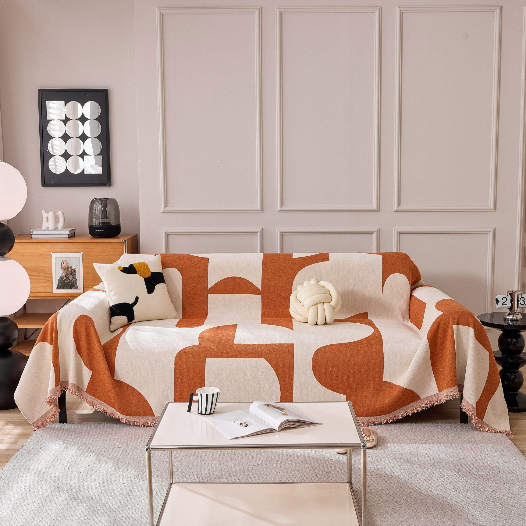 Modern Abstract Chenille Sofa Cover, Large Soft Throw Blanket with Tassels for Couch