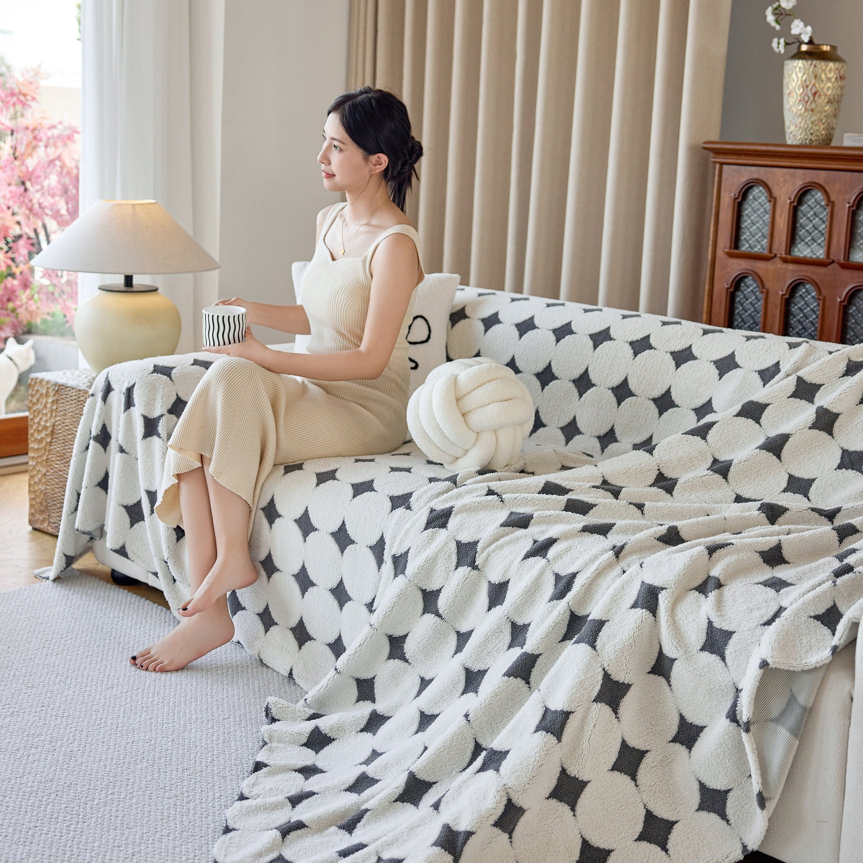Geometric Jacquard Plush Warm Sofa Couch Cover Coral Fleece Throw Blanket for Couch