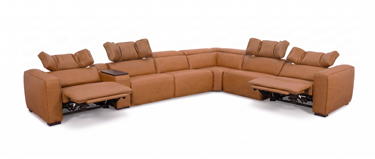 Rally Pro Caramel 7-Piece L-Shaped Dual Power Reclining Sectional with Console & Immersive Sound System