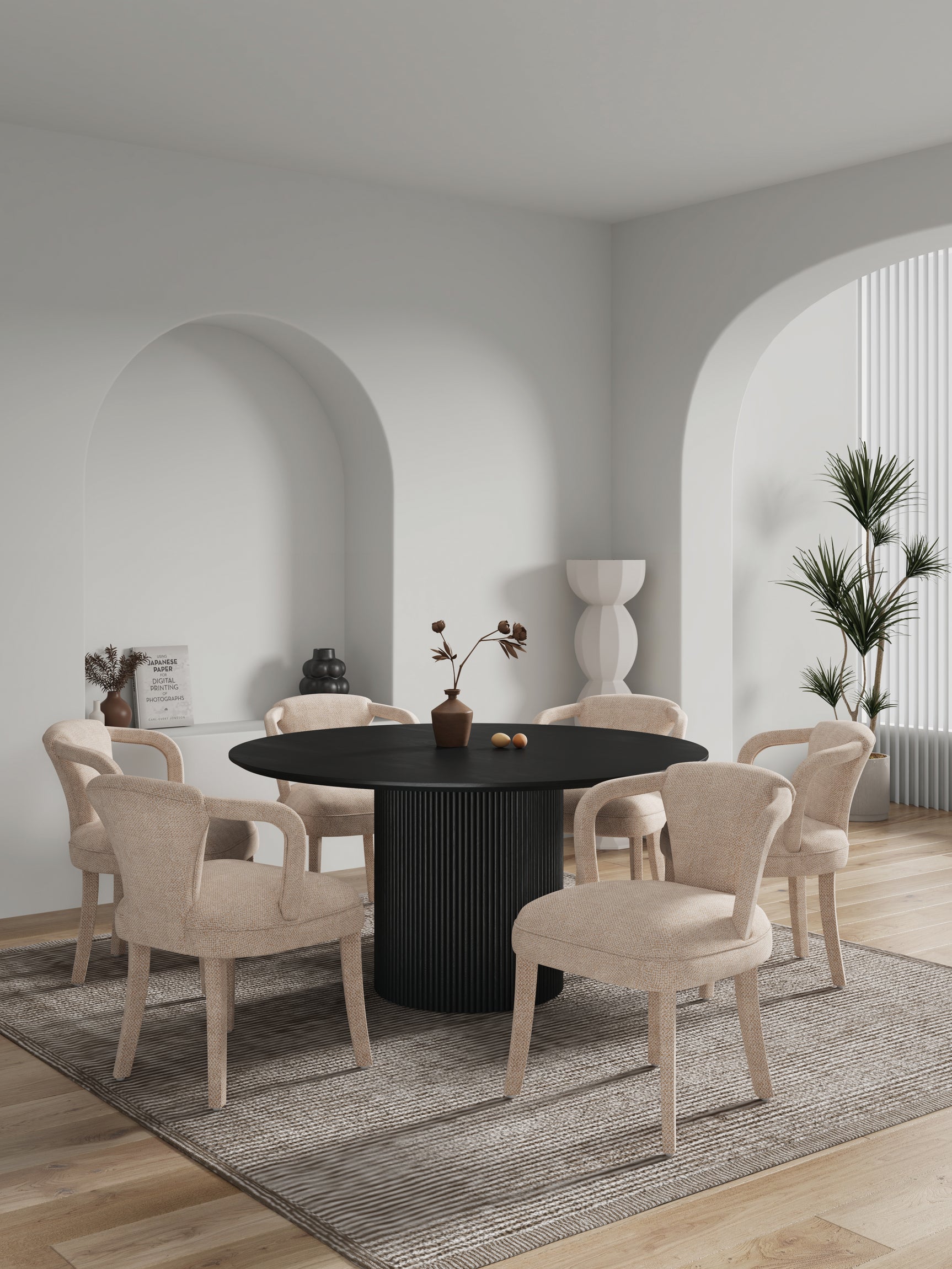 7-Piece Hathaway 59.05 Round Dining Set in Black with 6 Flor Dining Chairs in Grey - Ornate Home