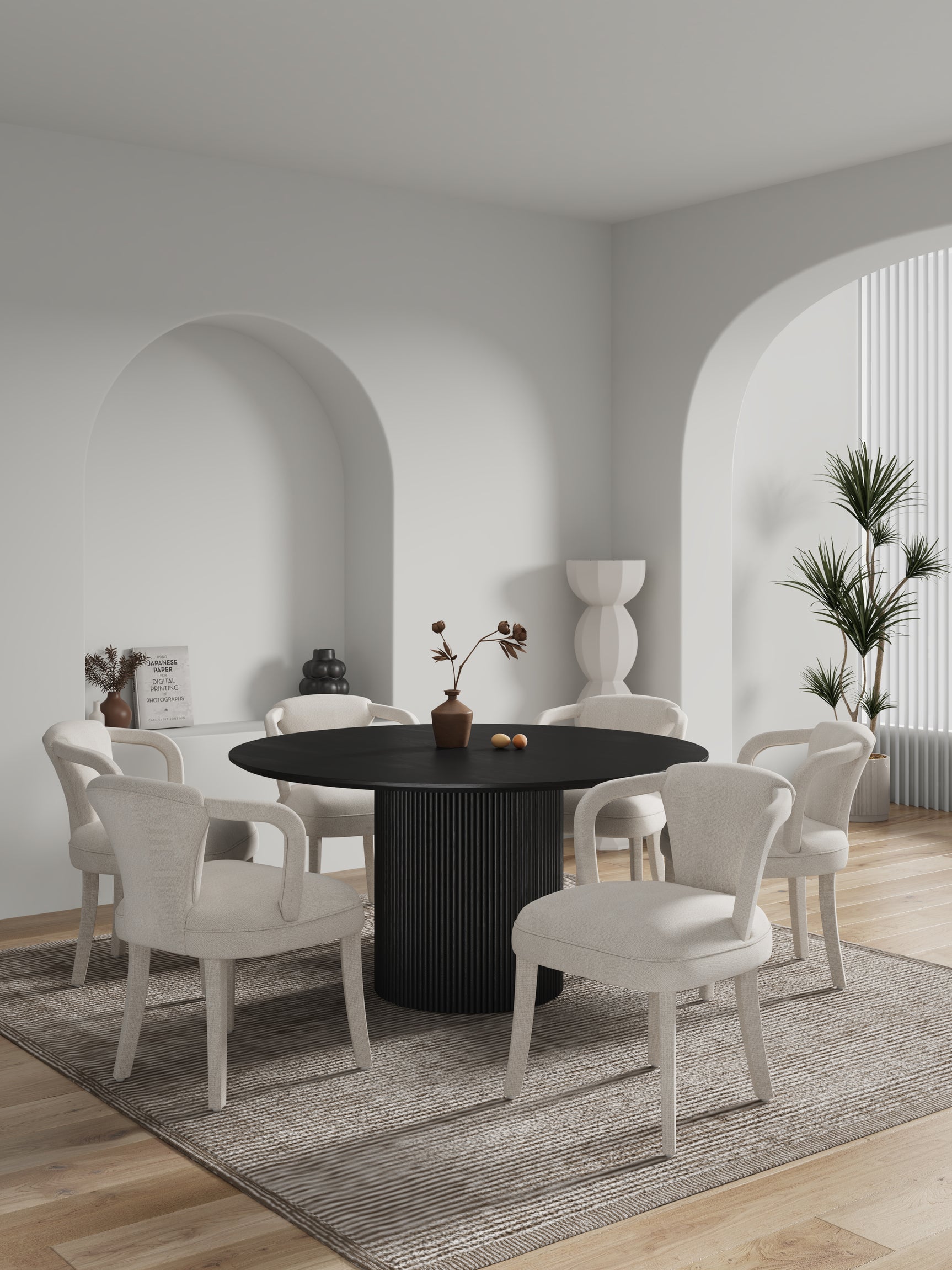 7-Piece Hathaway 59.05 Round Dining Set in Black with 6 Flor Dining Chairs in Ivory - Ornate Home