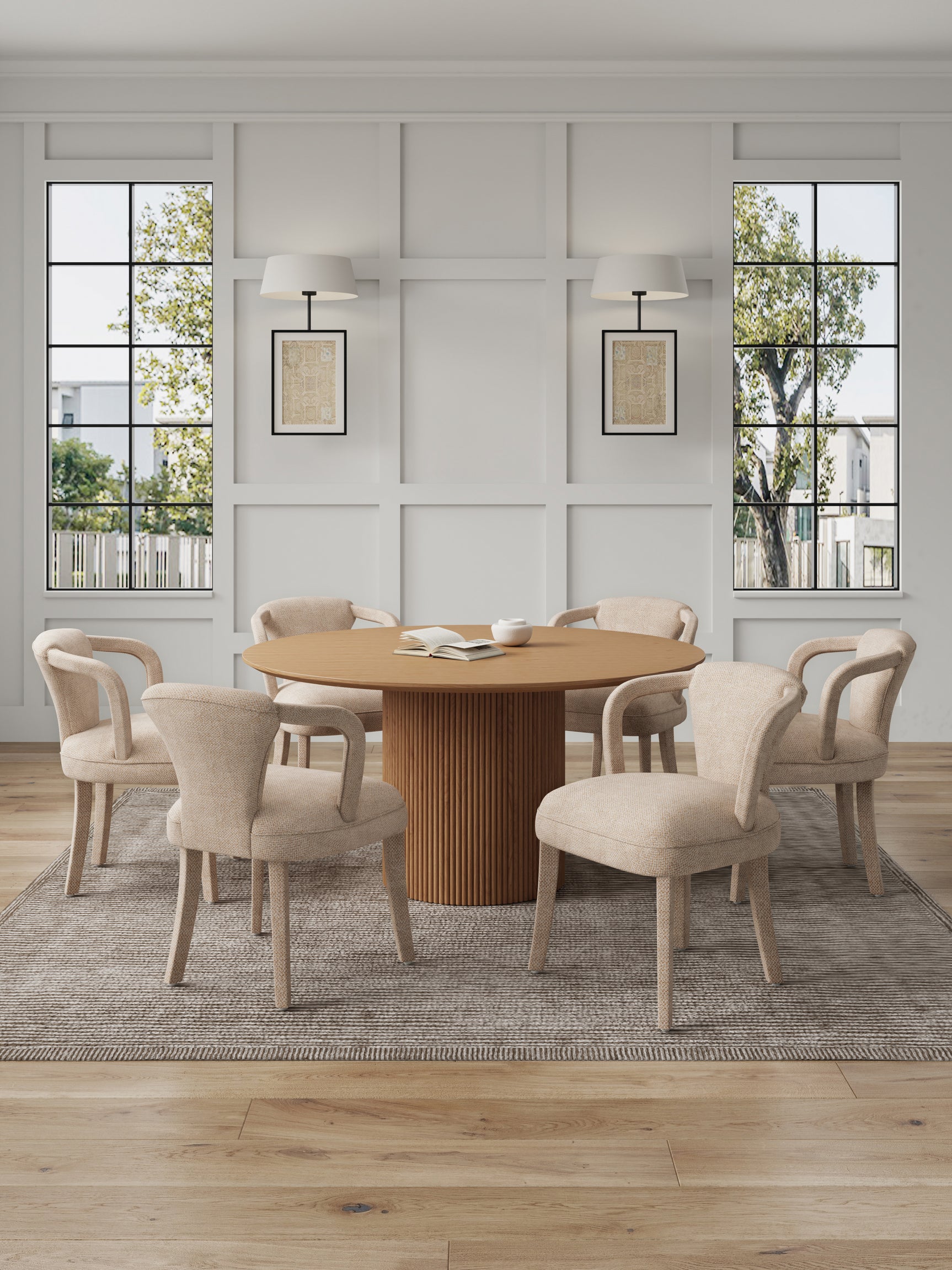 7-Piece Hathaway 59.05 Round Dining Set in Natural with 6 Flor Dining Chairs in Grey - Ornate Home