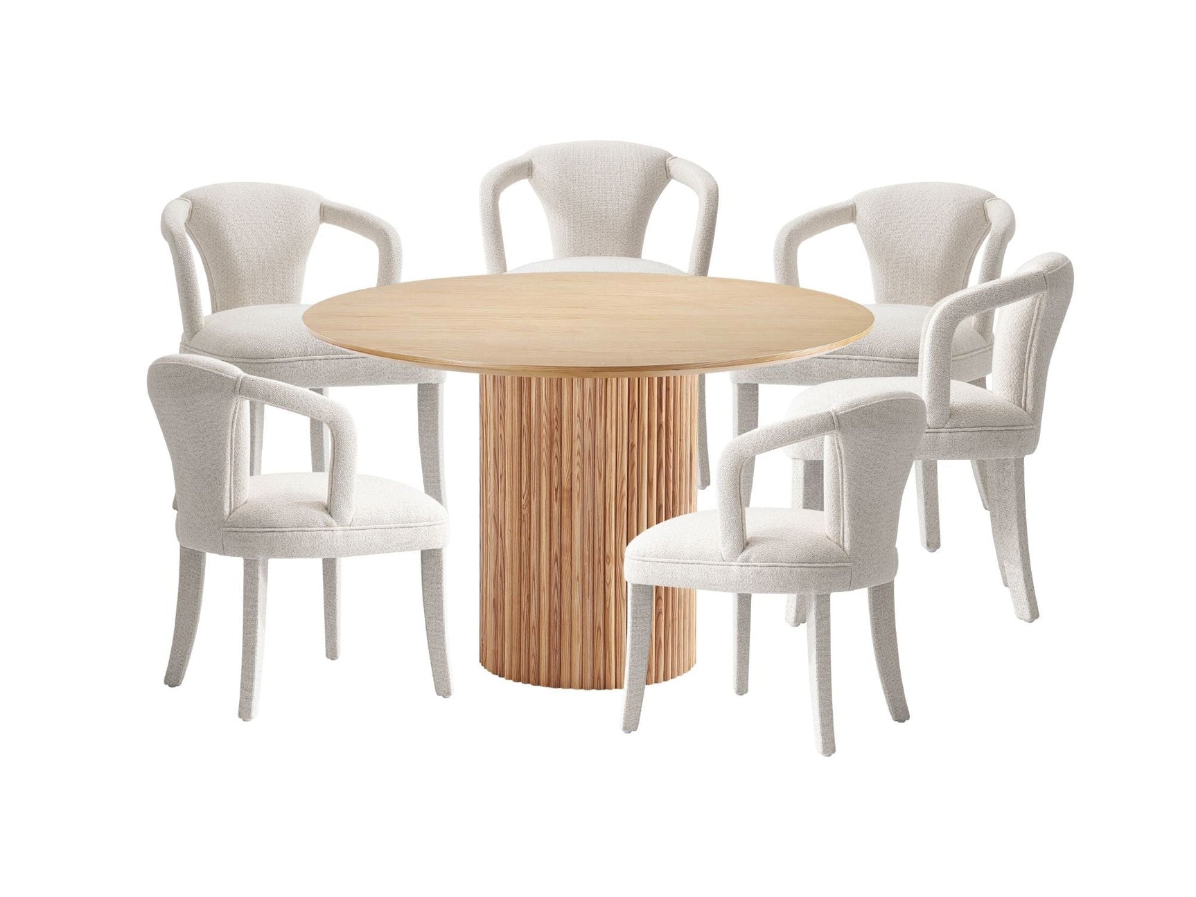 7-Piece Hathaway 59.05 Round Dining Set in Natural with 6 Flor Dining Chairs in Ivory - Ornate Home
