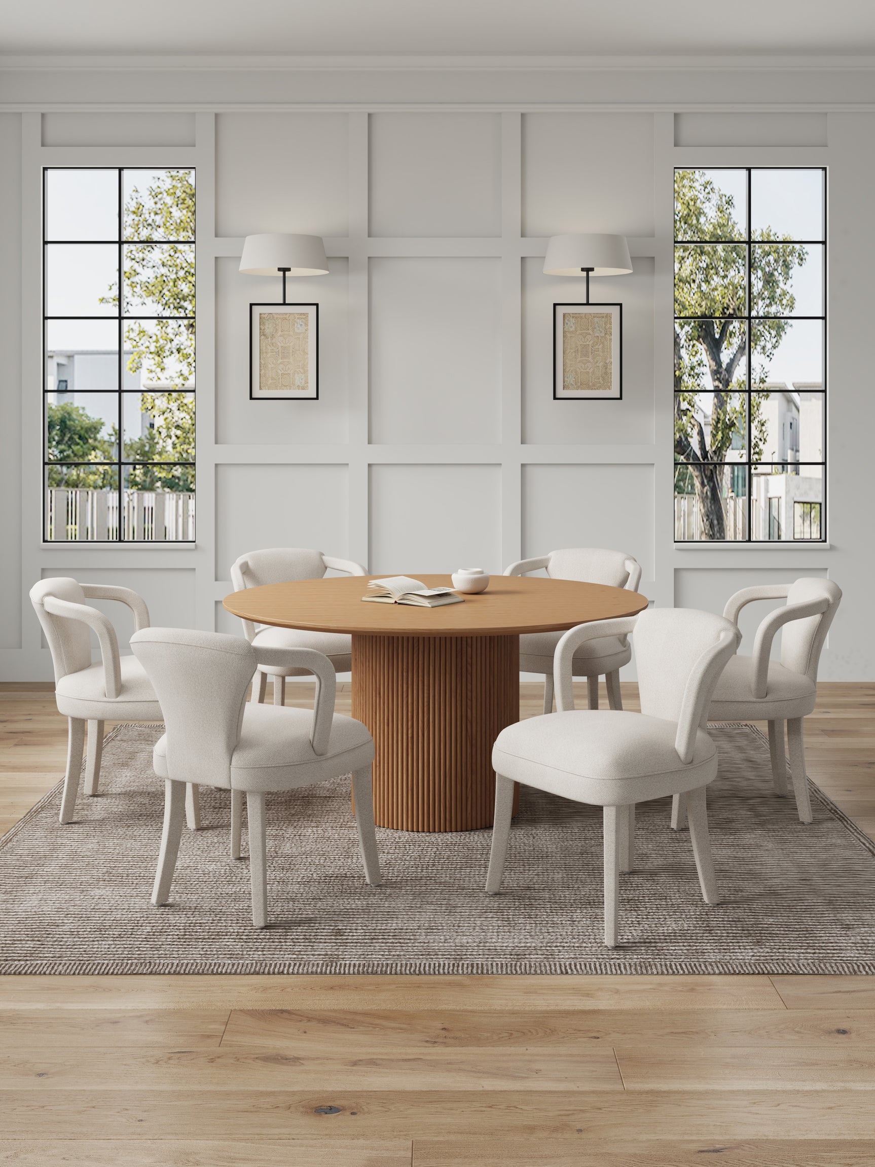 7-Piece Hathaway 59.05 Round Dining Set in Natural with 6 Flor Dining Chairs in Ivory - Ornate Home