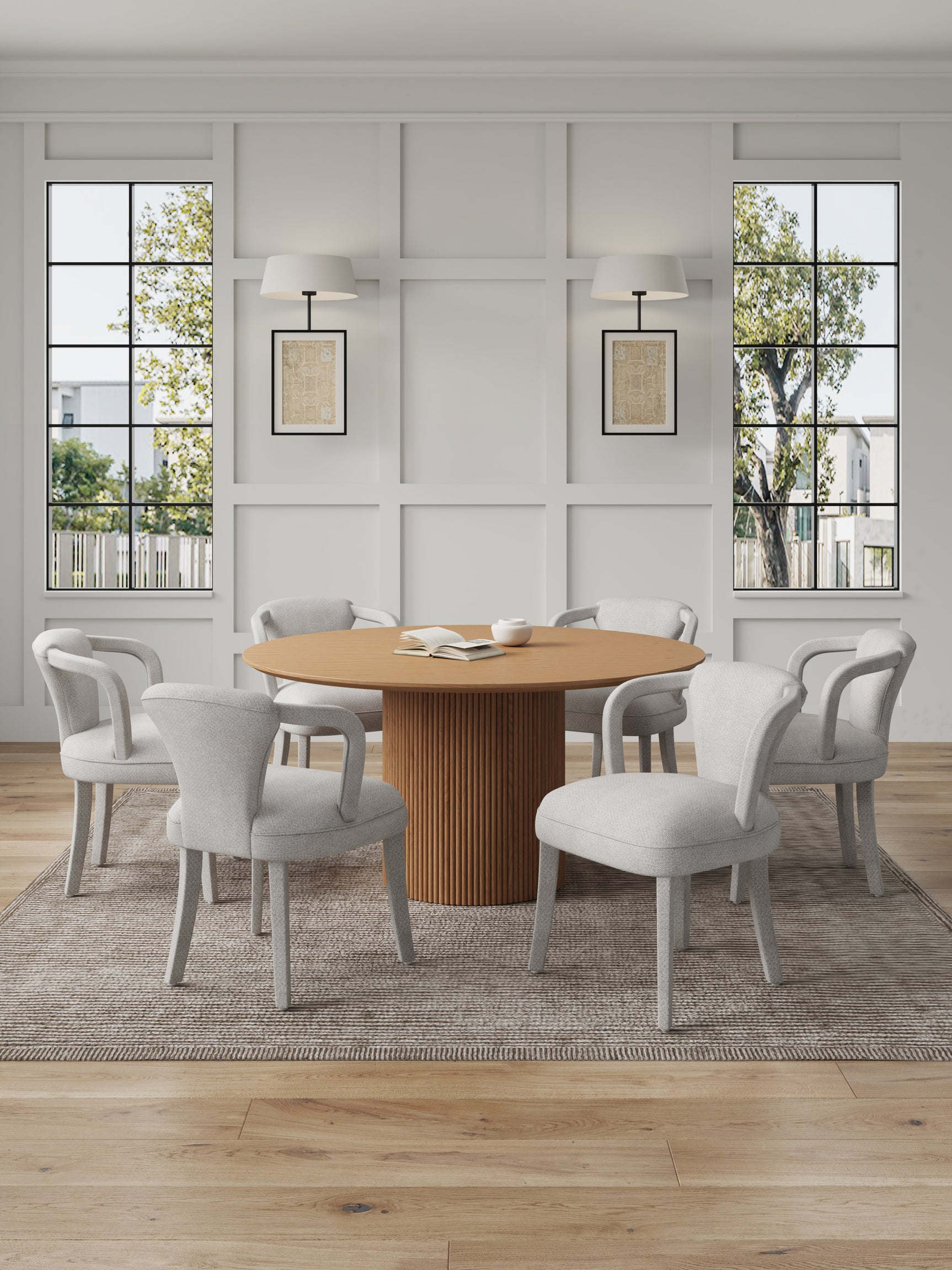 7-Piece Hathaway 59.05 Round Dining Set in Natural with 6 Flor Dining Chairs in Silver Lining - Ornate Home
