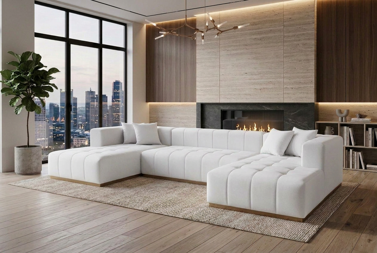 Montecito Ivory Velvet Double Chaise "U" Shape Sectional Sofa - Ornate Home