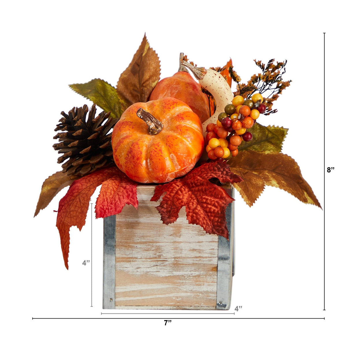 8” Fall Pumpkin, Gourd, Berries and Pinecones Artificial Autumn Arrangement in Natural Washed Vase