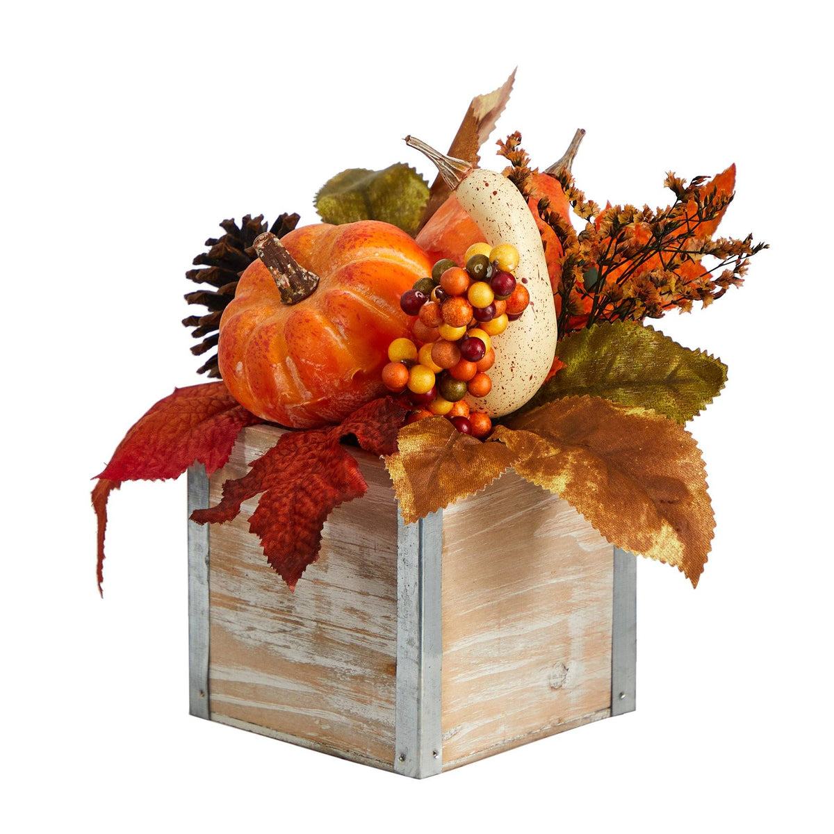 8” Fall Pumpkin, Gourd, Berries and Pinecones Artificial Autumn Arrangement in Natural Washed Vase