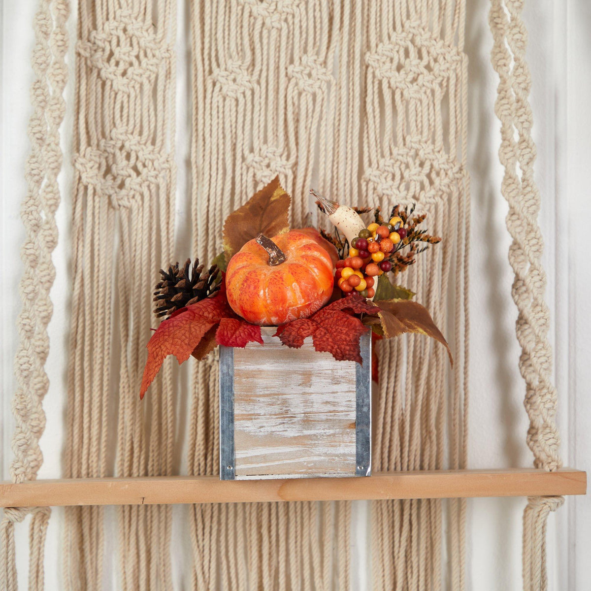 8” Fall Pumpkin, Gourd, Berries and Pinecones Artificial Autumn Arrangement in Natural Washed Vase