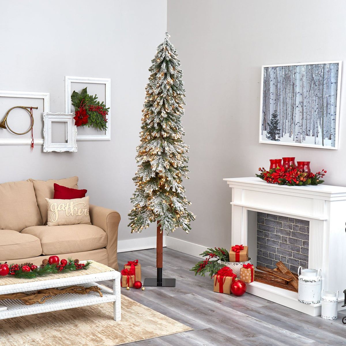 8’ Flocked Grand Alpine Artificial Christmas Tree with 500 Lights and 1051 Branches on Natural Trunk
