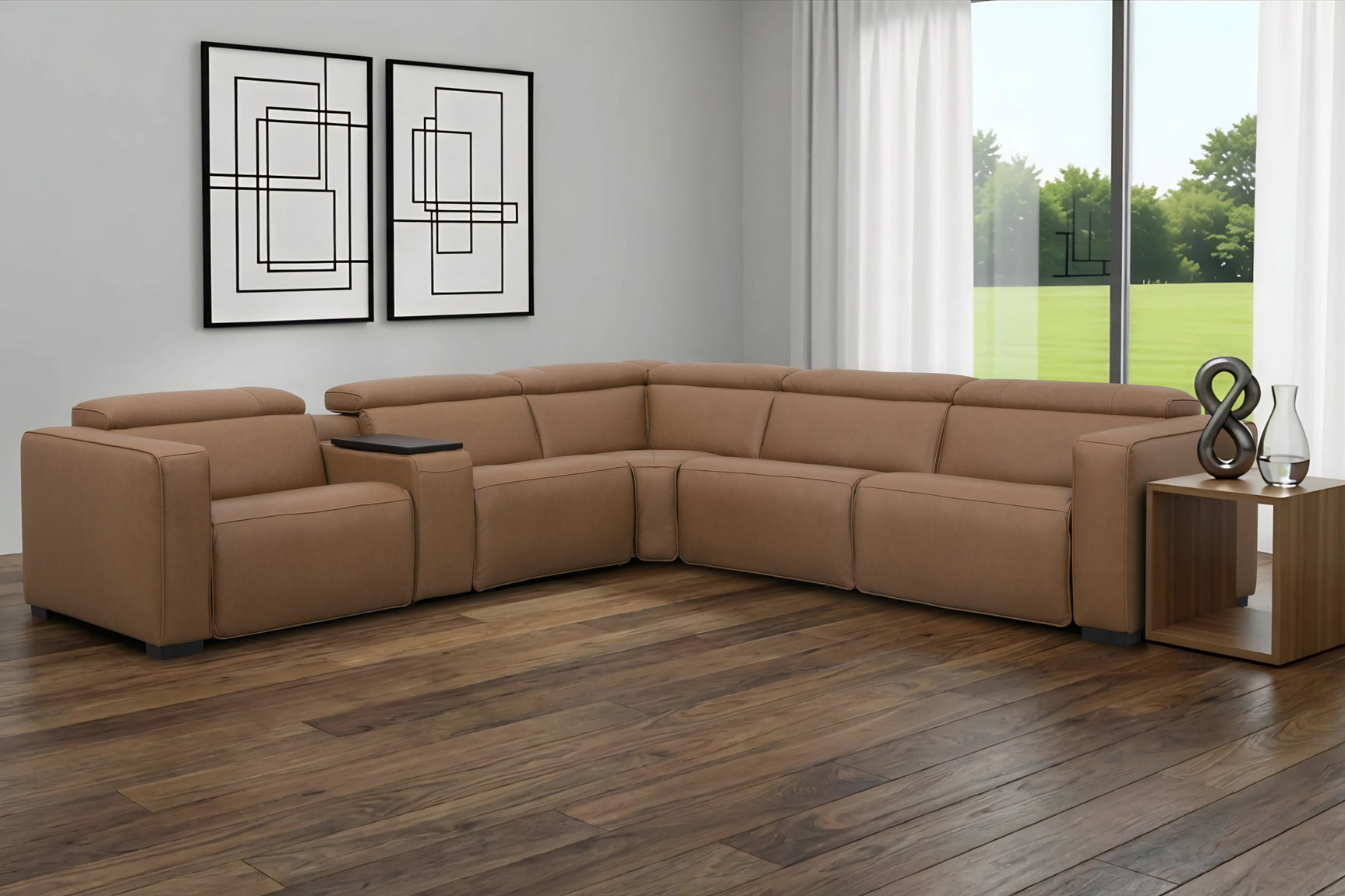 Rally Pro Caramel 6-Piece Power Reclining Sectional with Console and Immersive Sound System