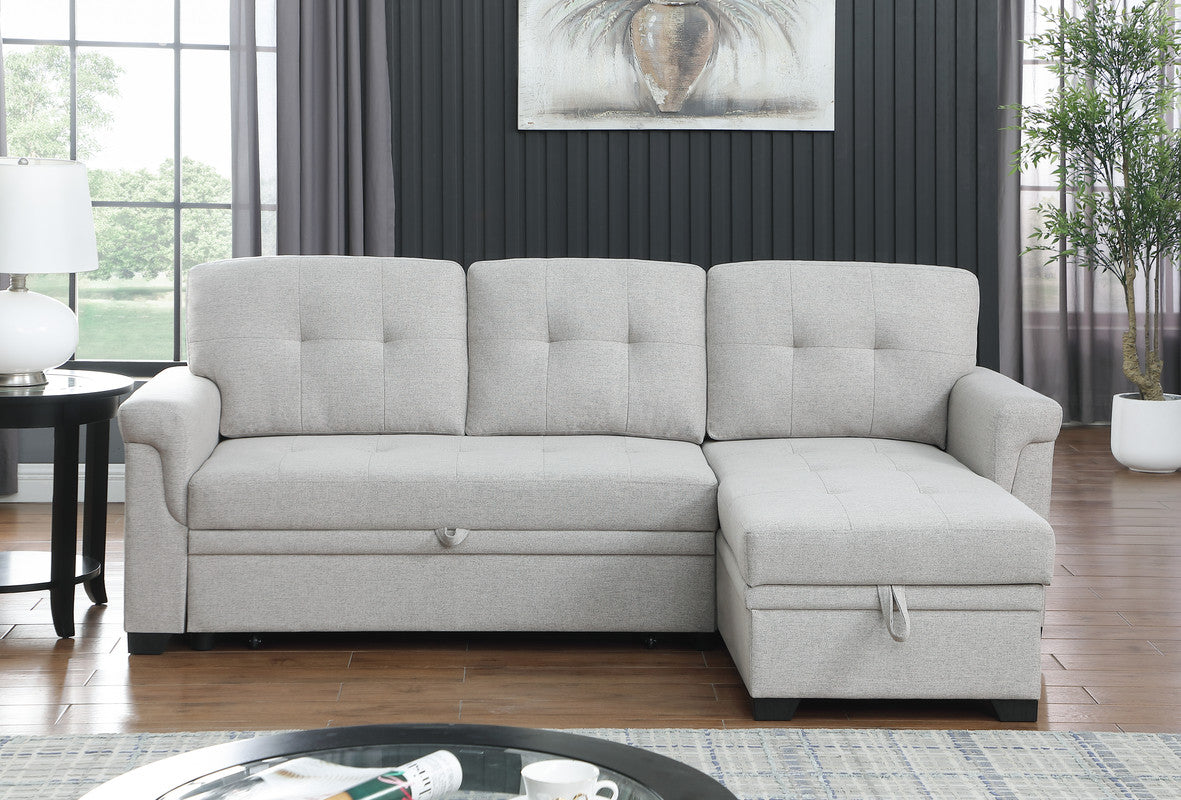 Lucca Light Gray 84"W Linen Reversible Sleeper Sectional Sofa with Storage Chaise