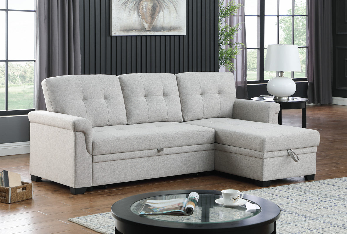 Lucca Light Gray 84"W Linen Reversible Sleeper Sectional Sofa with Storage Chaise