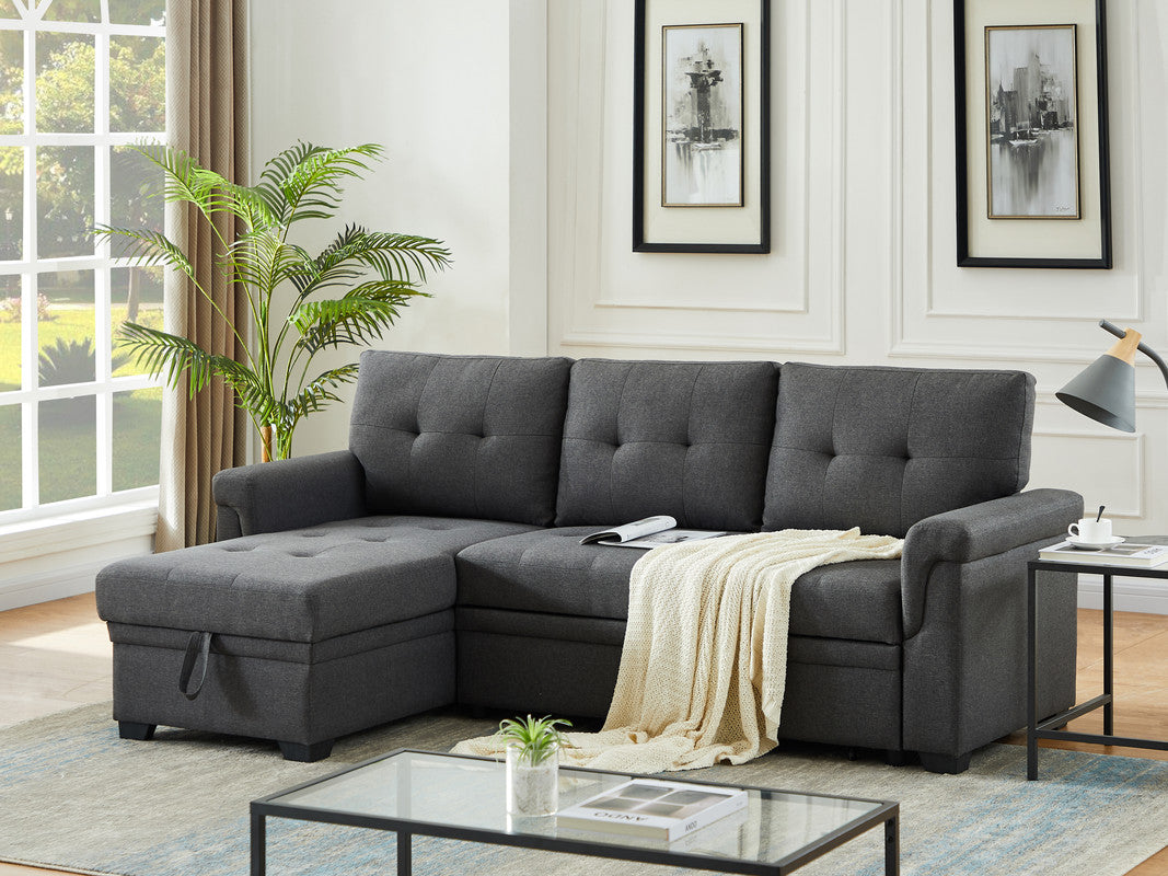Lucca Dark Gray 84"W Linen Reversible Sleeper Sectional Sofa with Storage Chaise