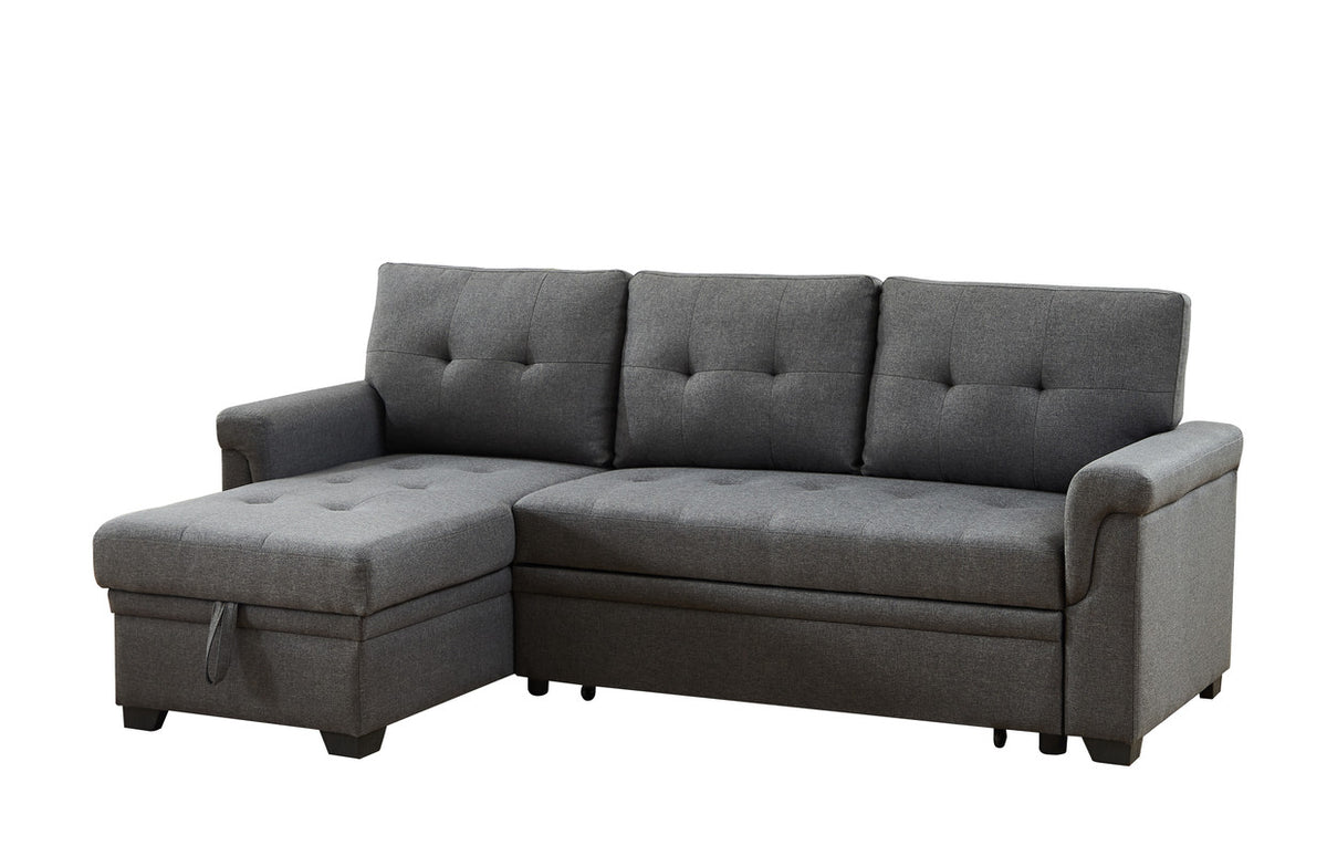 Lucca Dark Gray 84"W Linen Reversible Sleeper Sectional Sofa with Storage Chaise