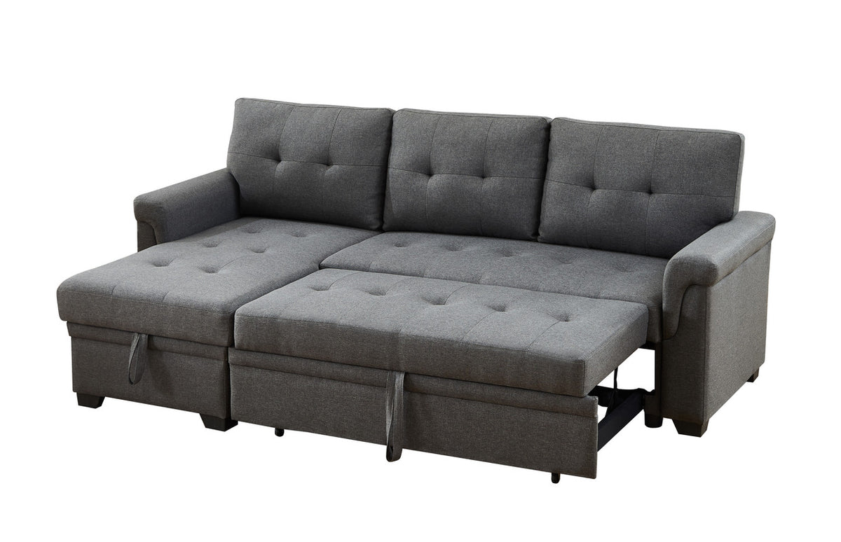 Lucca Dark Gray 84"W Linen Reversible Sleeper Sectional Sofa with Storage Chaise