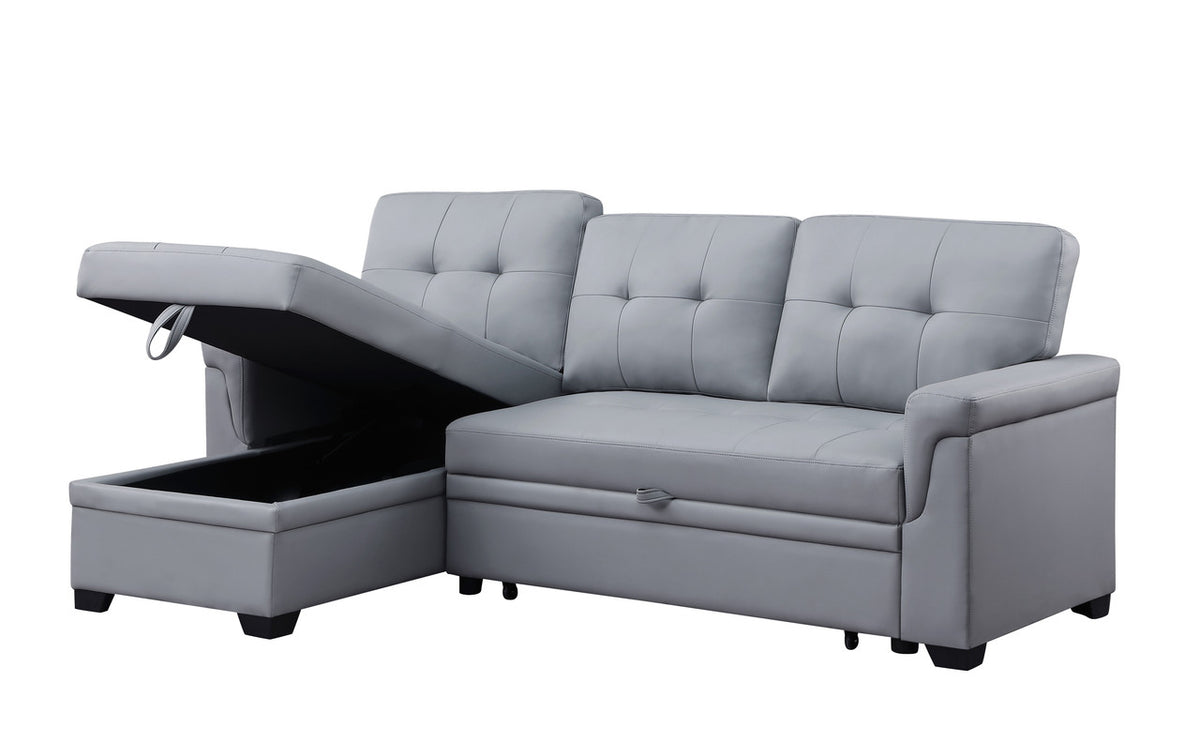 Lucca Gray 84"W Vegan Leather Reversible Sleeper Sectional Sofa with Storage Chaise