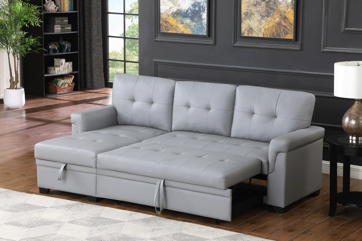 Lucca Gray 84"W Vegan Leather Reversible Sleeper Sectional Sofa with Storage Chaise